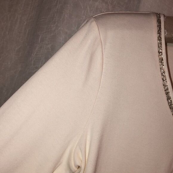 Talbots M Cotton Ivory Pullover Long Sleeve Top Embellished Around V-Neck - Picture 5 of 10